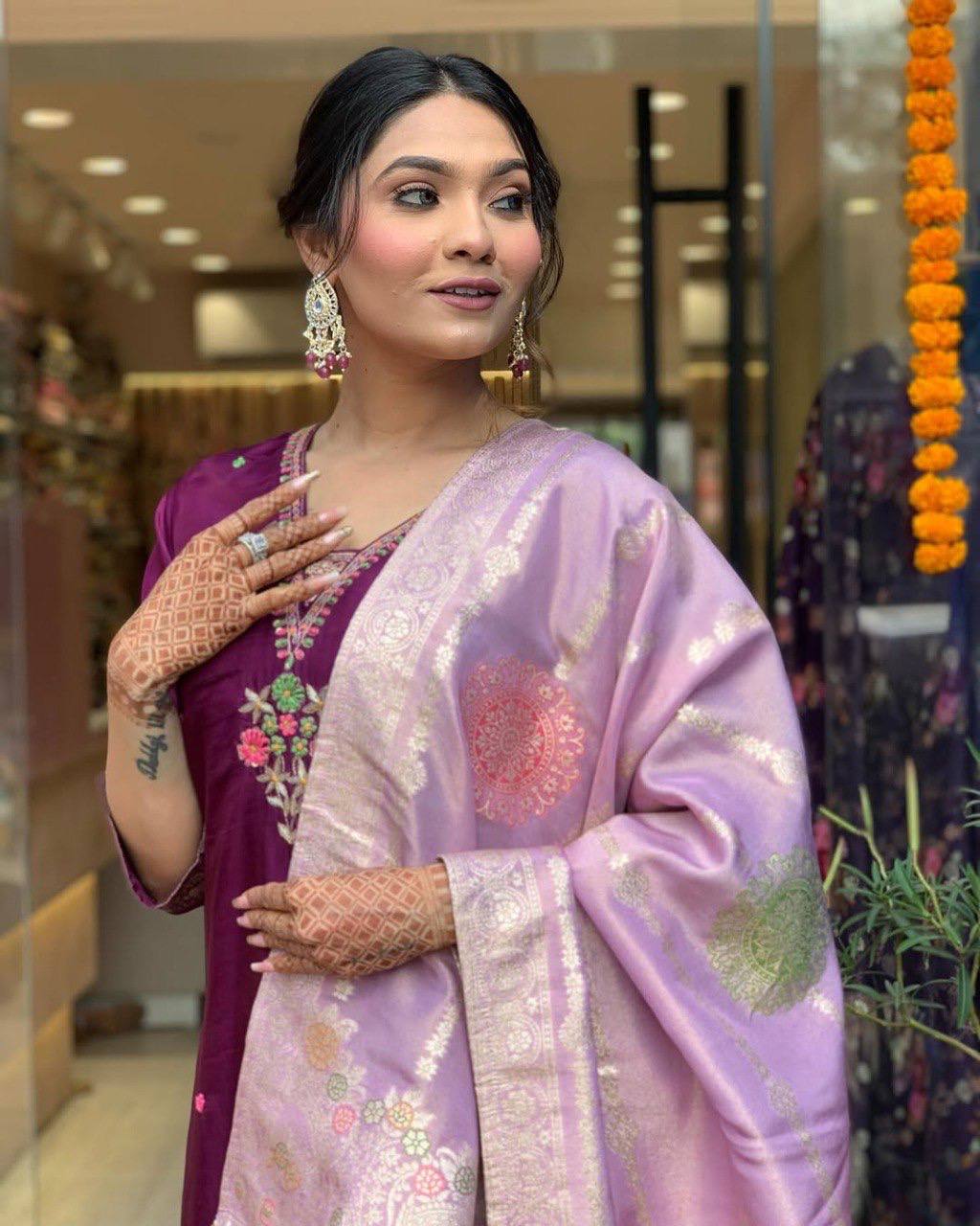 Wine Silk Kurta Set for Women with Zari Dupatta – Embroidered Wedding & Festive Outfit