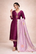 Wine Silk Kurta Set for Women with Zari Dupatta – Embroidered Wedding & Festive Outfit