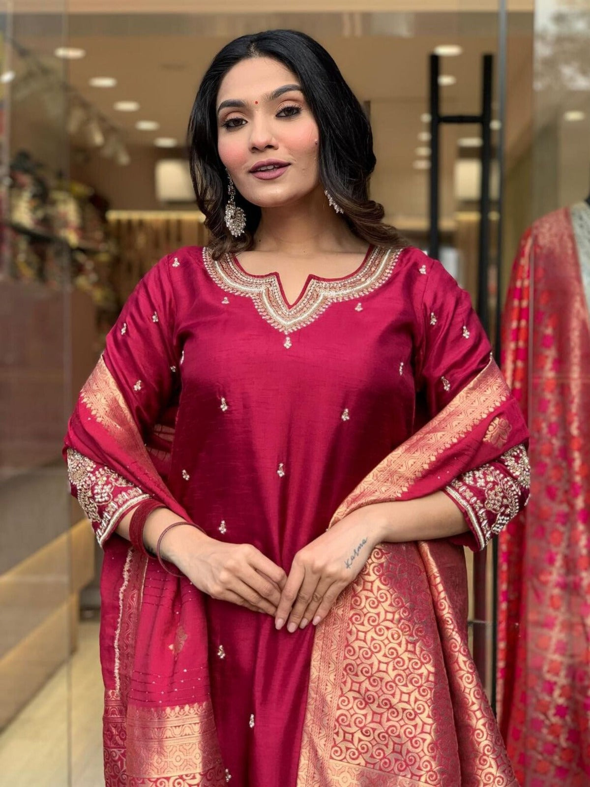 Maroon Silk Kurta Set with Banarasi Dupatta – Wedding & Festive Wear