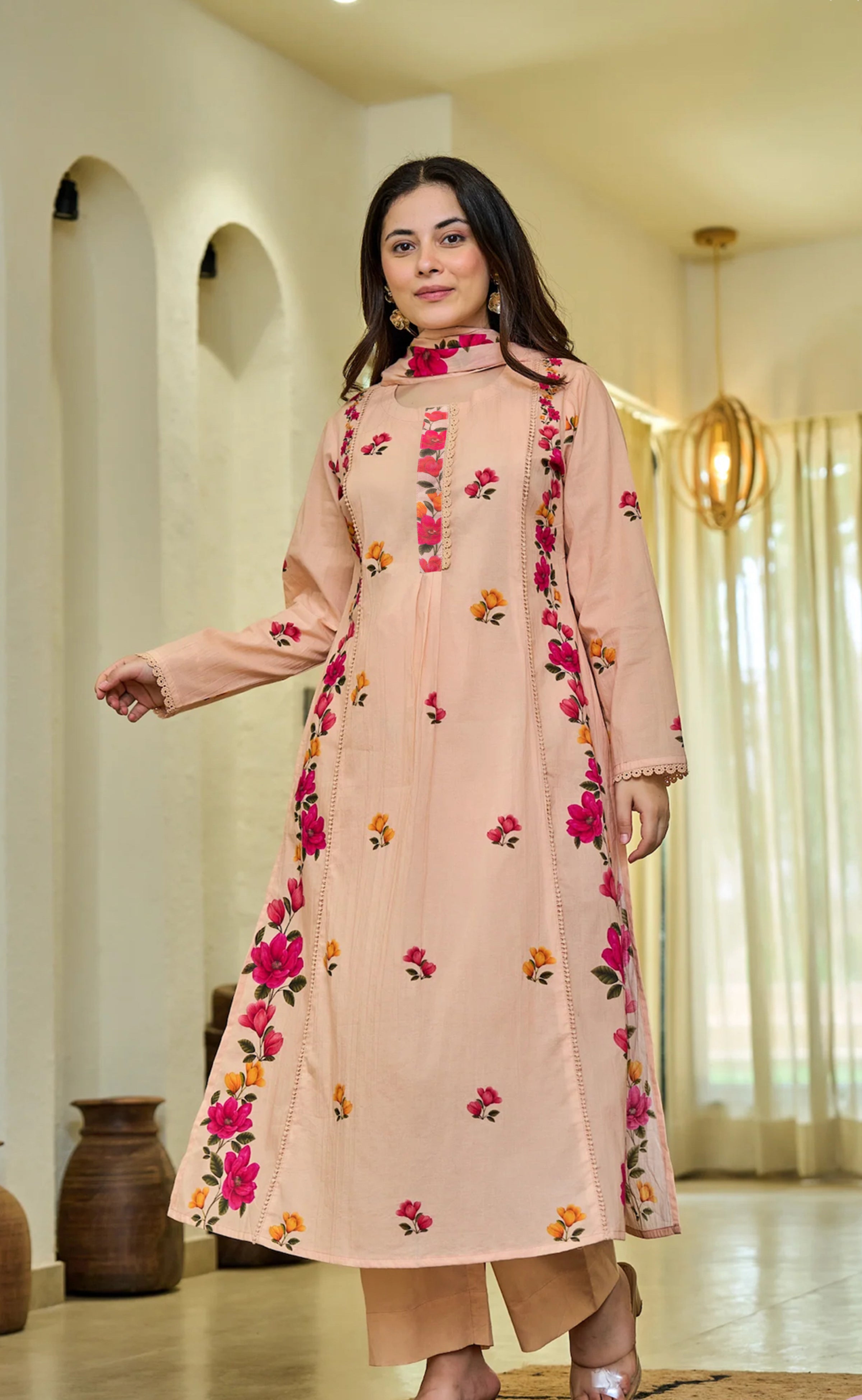 Peach Floral Kurta Set with Dupatta – Casual & Festive Wear