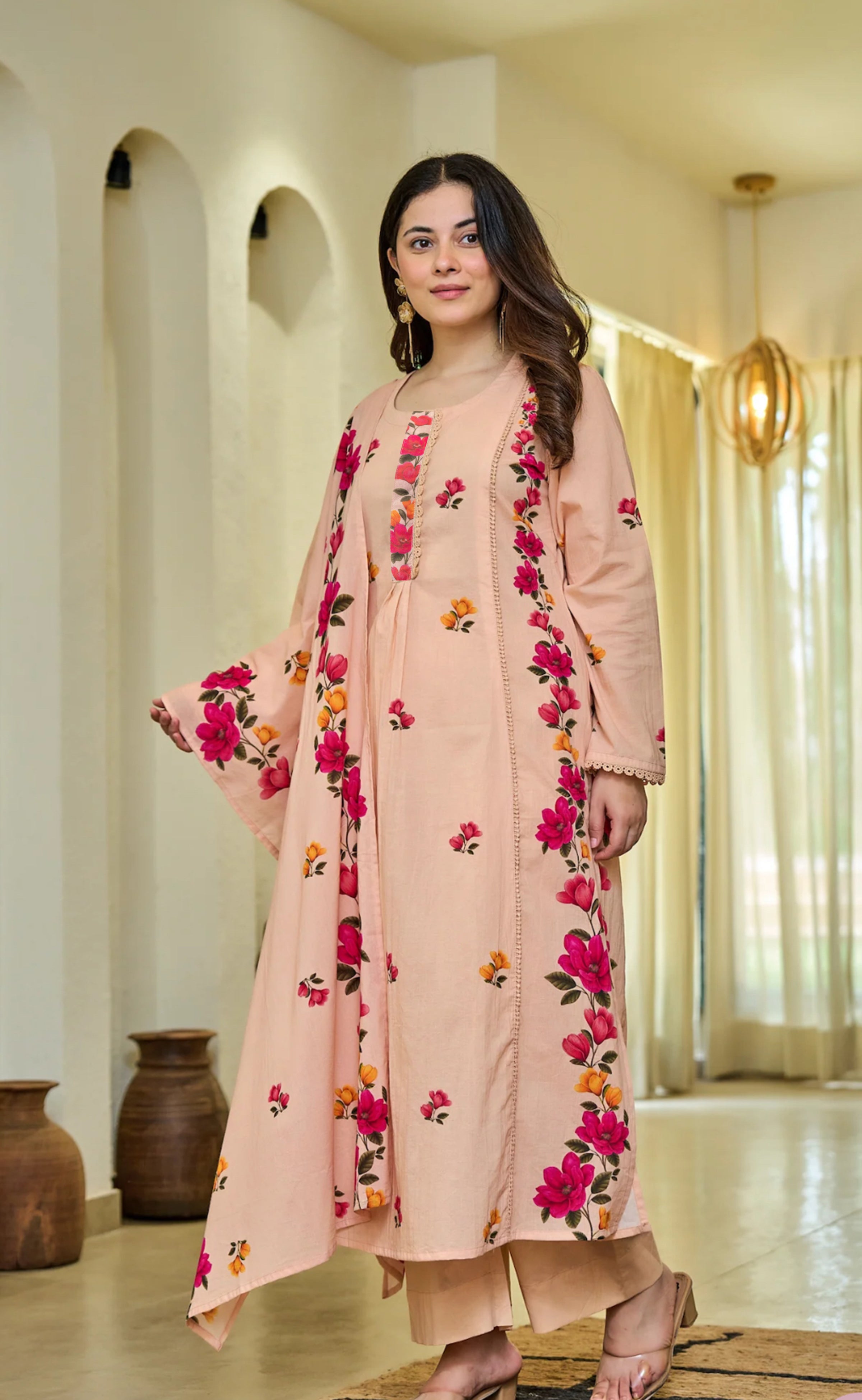 Peach Floral Kurta Set with Dupatta – Casual & Festive Wear
