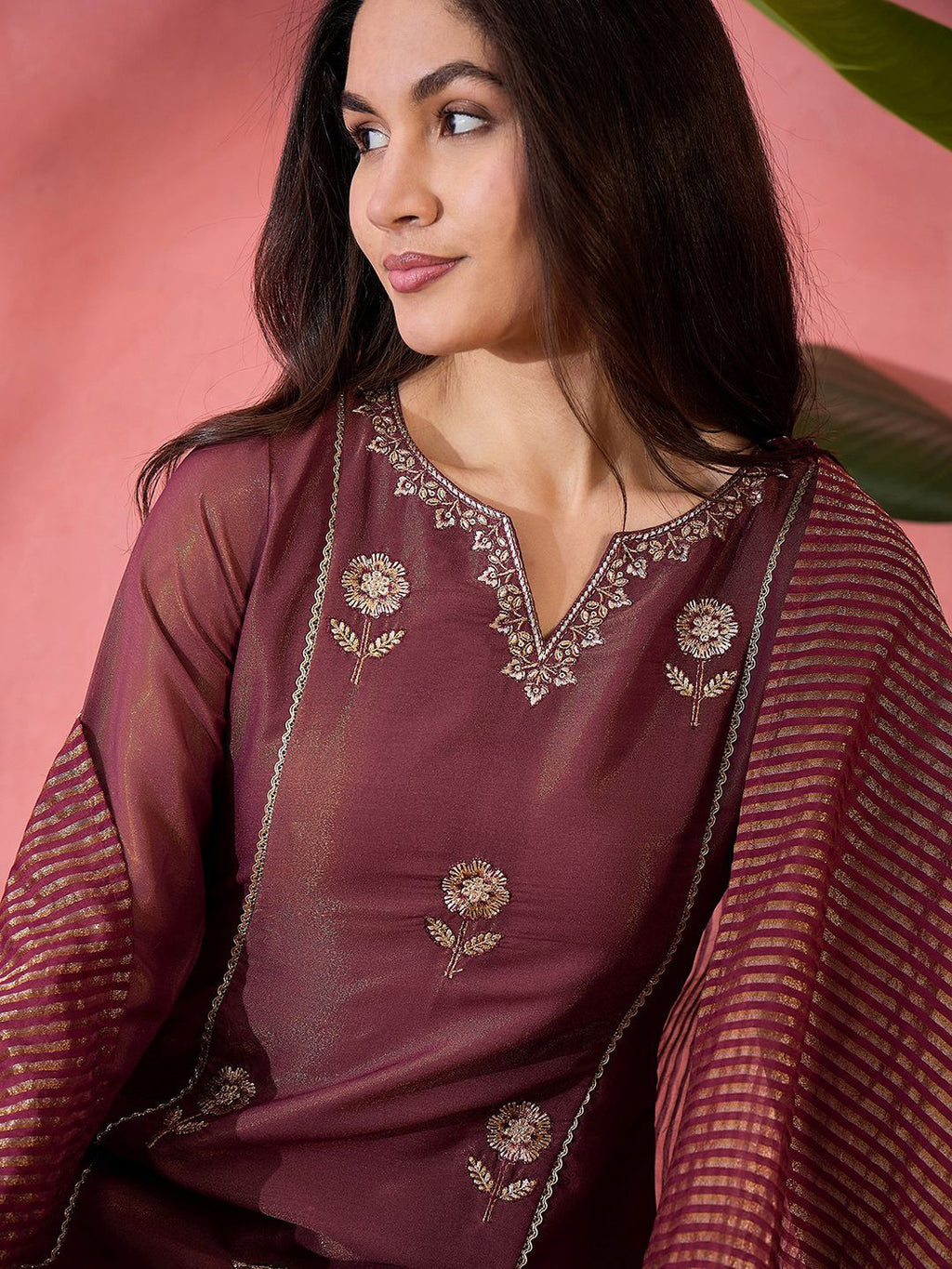 Maroon Embroidered Kurta Set with Jacquard Dupatta – Festive Ethnic Wear