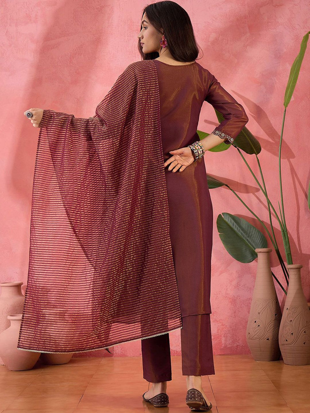 Maroon Embroidered Kurta Set with Jacquard Dupatta – Festive Ethnic Wear