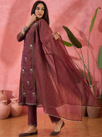 Maroon Embroidered Kurta Set with Jacquard Dupatta – Festive Ethnic Wear