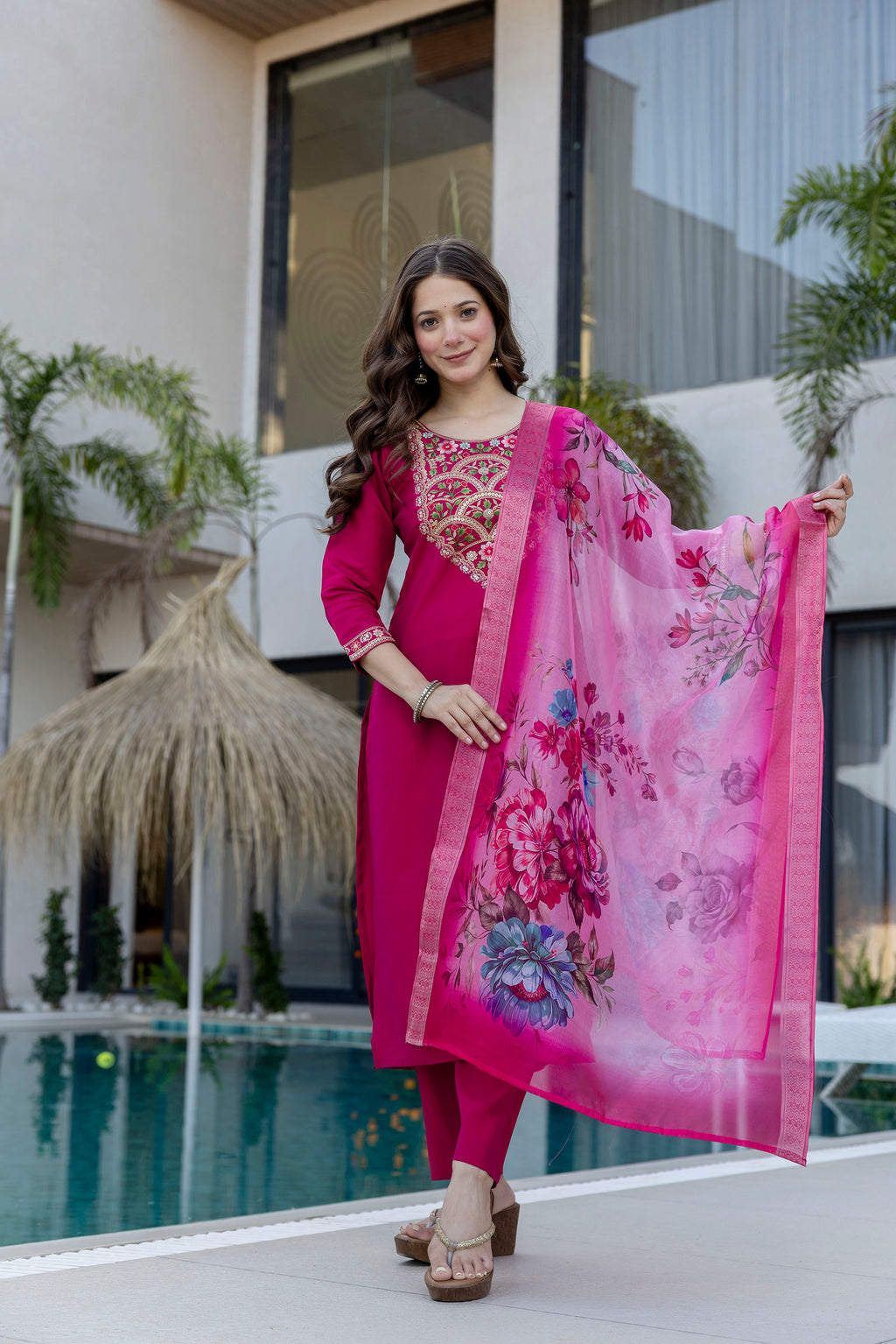Magenta Kurta Set with Floral Dupatta – Festive Salwar Suit for Women