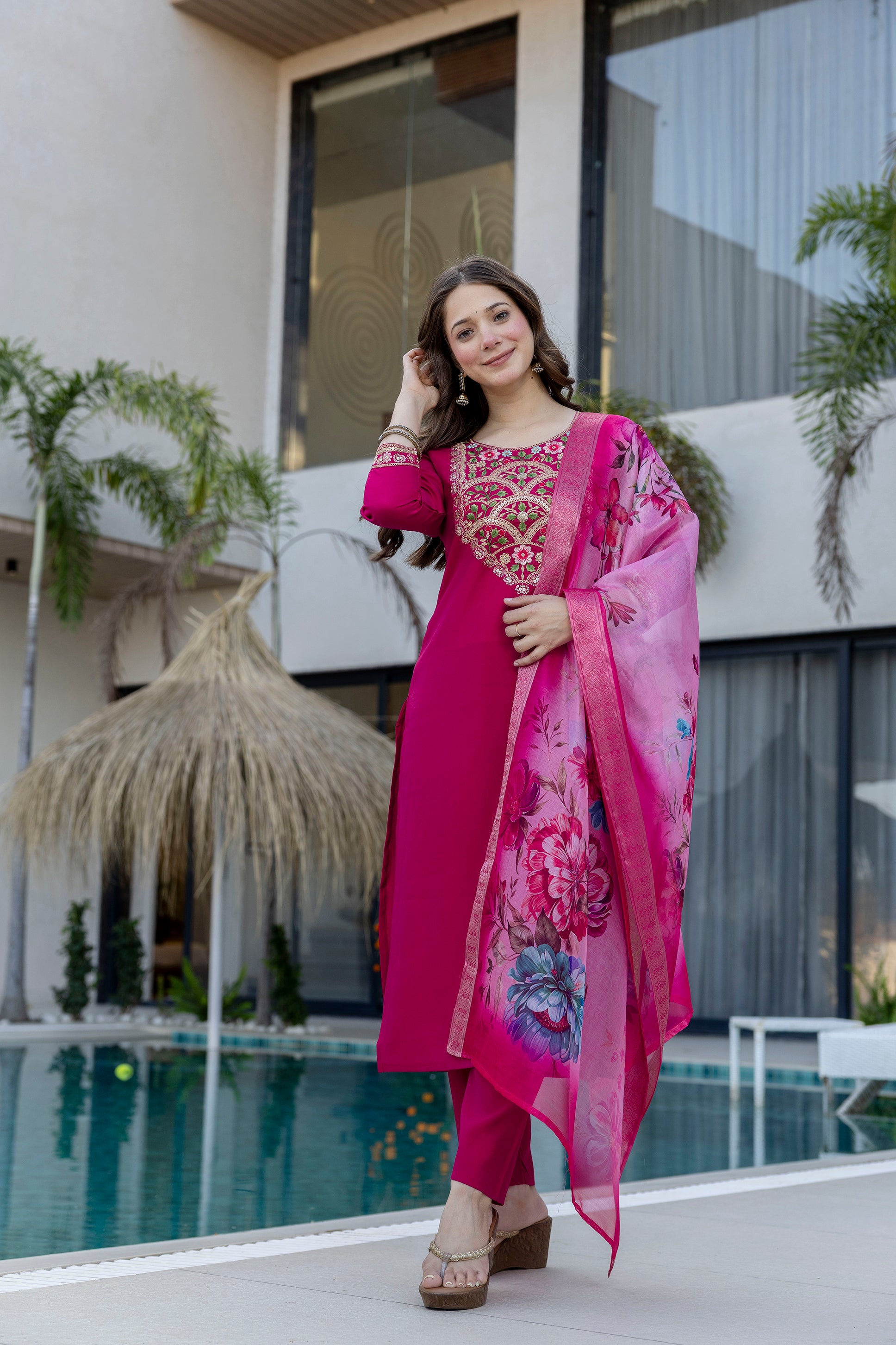 Magenta Kurta Set with Floral Dupatta – Festive Salwar Suit for Women