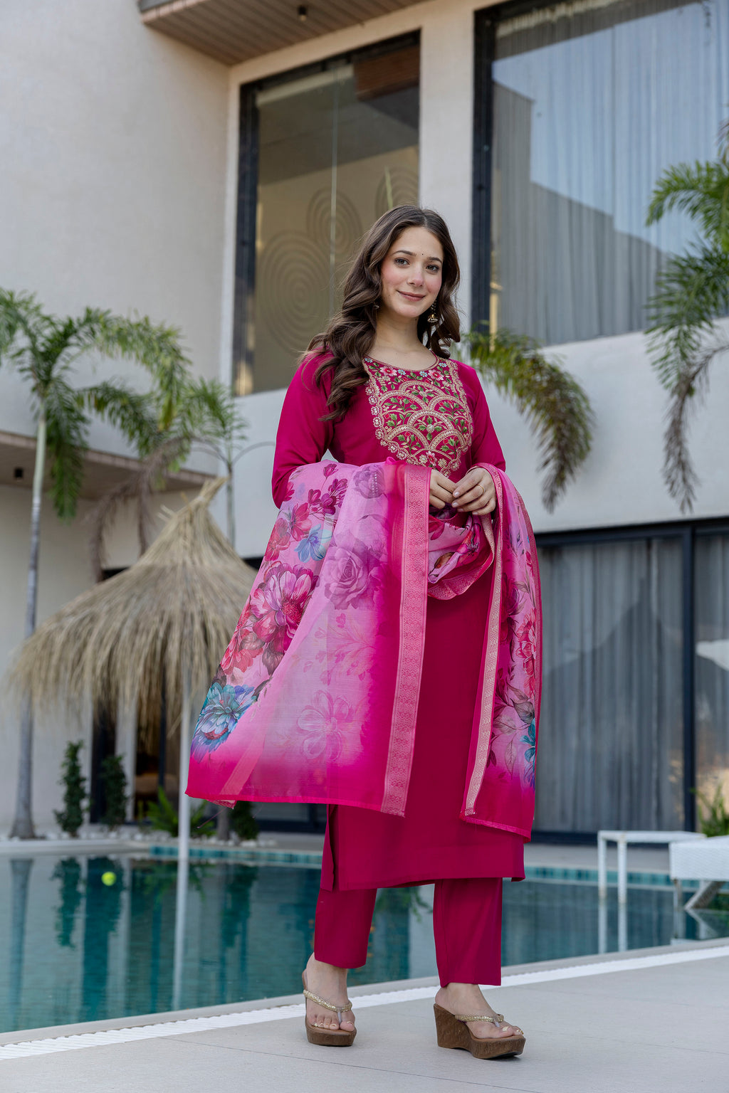 Magenta Kurta Set with Floral Dupatta – Festive Salwar Suit for Women