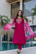 Magenta Kurta Set with Floral Dupatta – Festive Salwar Suit for Women