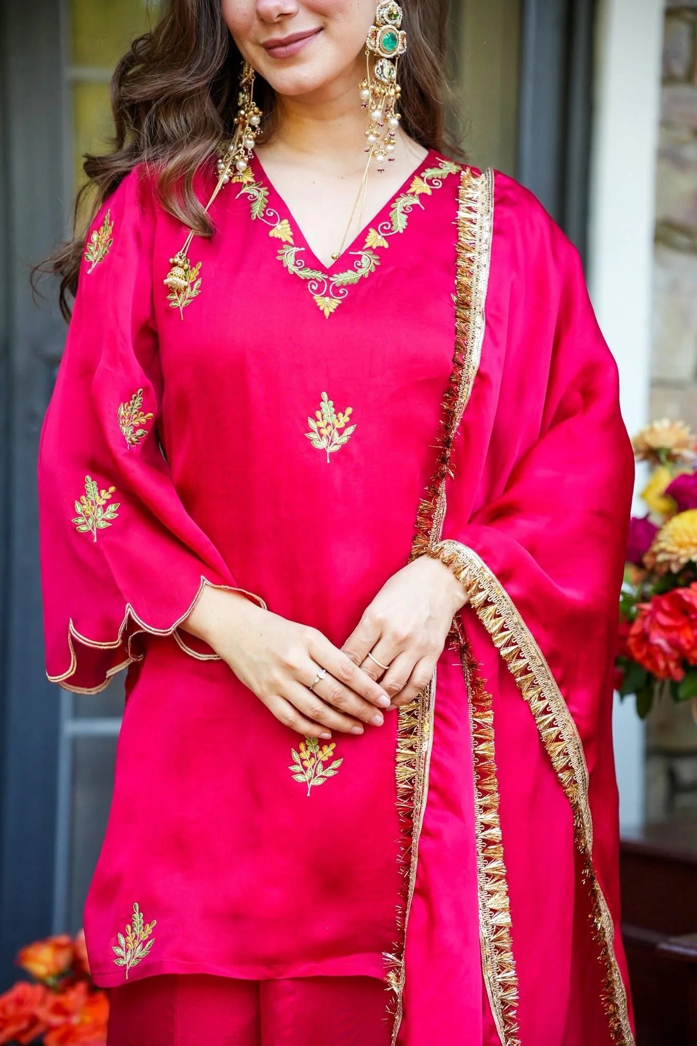 Hot Pink Silk Kurta Set with Gold Embroidery & Dupatta – Festive Ethnic Wear