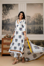 White Floral Printed Cotton Kurti Set with Dupatta – Casual & Festive Wear