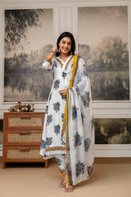 White Floral Printed Cotton Kurti Set with Dupatta – Casual & Festive Wear