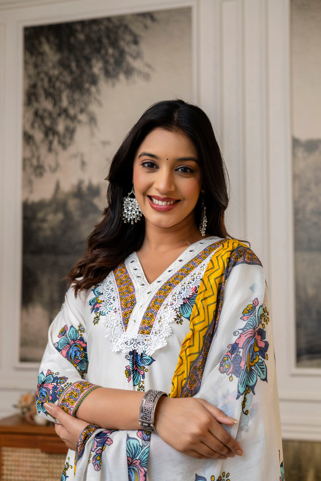 White Floral Printed Cotton Kurti Set with Dupatta – Casual & Festive Wear