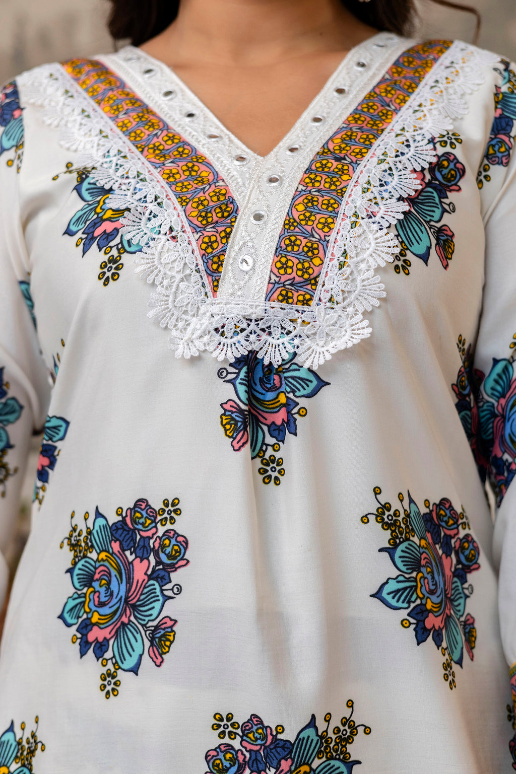 White Floral Printed Cotton Kurti Set with Dupatta – Casual & Festive Wear