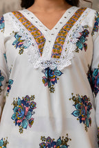 White Floral Printed Cotton Kurti Set with Dupatta – Casual & Festive Wear