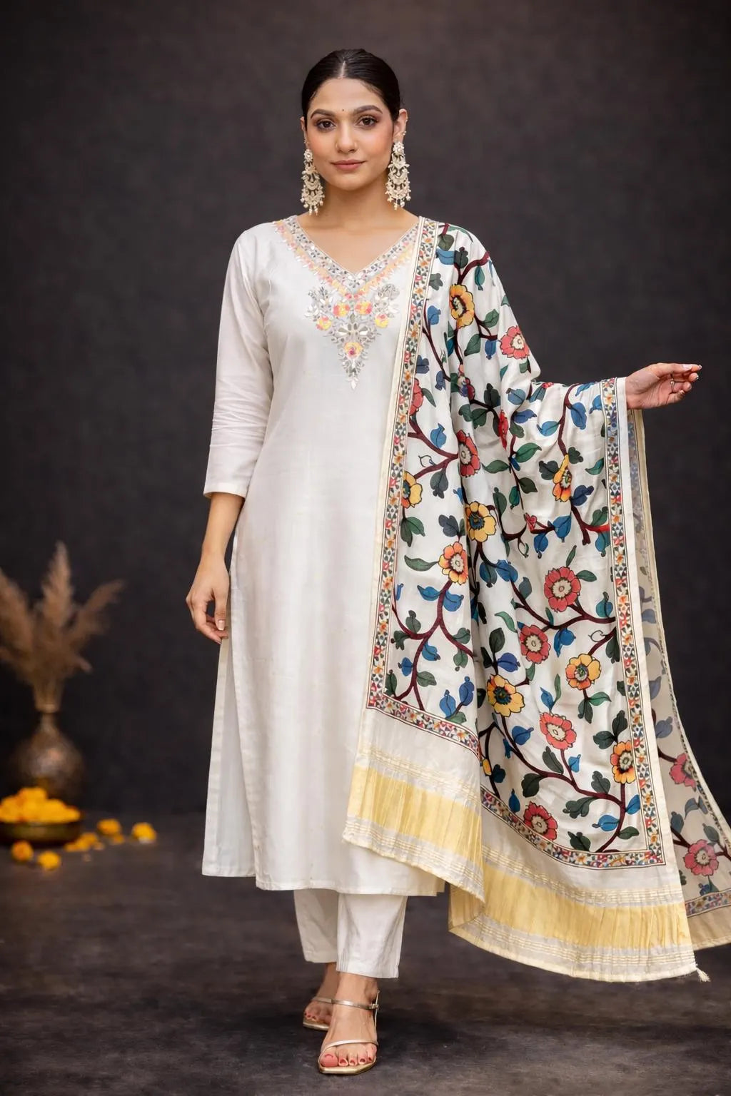 Off White Floral Salwar Kameez Set with Dupatta – Wedding Guest Outfit for Women