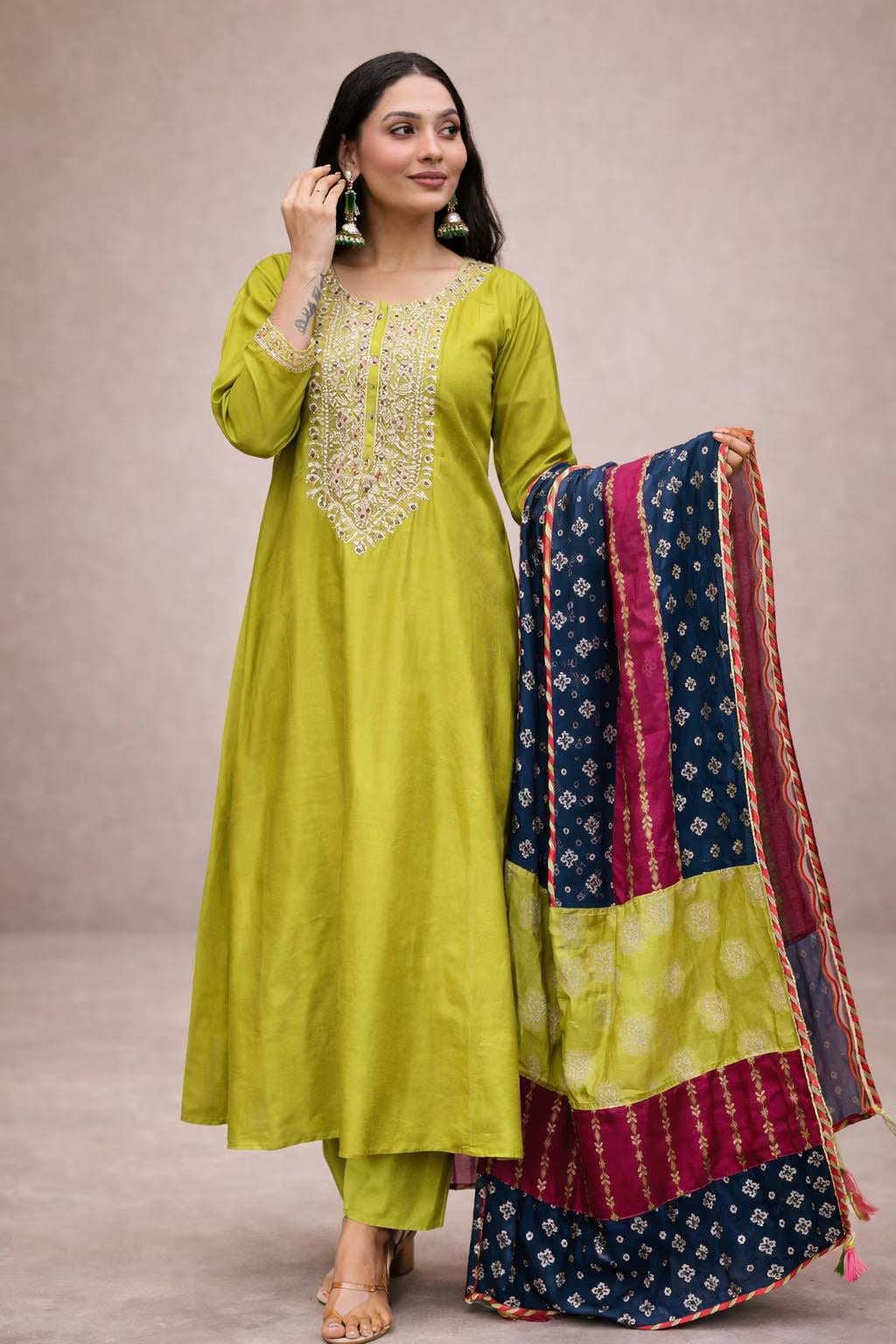 Lime Green Kurta Set with Contrast Dupatta – Festive & Party Wear