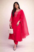 Red Silk Kurta Set with Gold Embroidery & Dupatta – Party & Wedding Wear