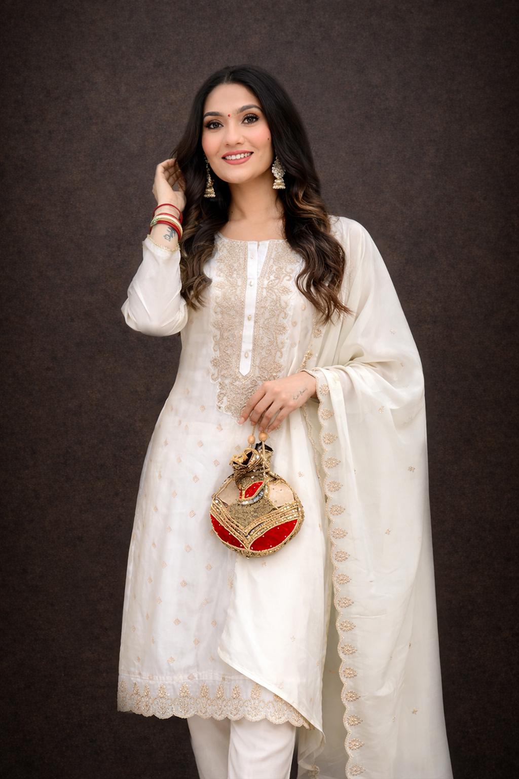 Off White Embroidered Kurta Set – Punjabi Style Wedding Guest Outfit