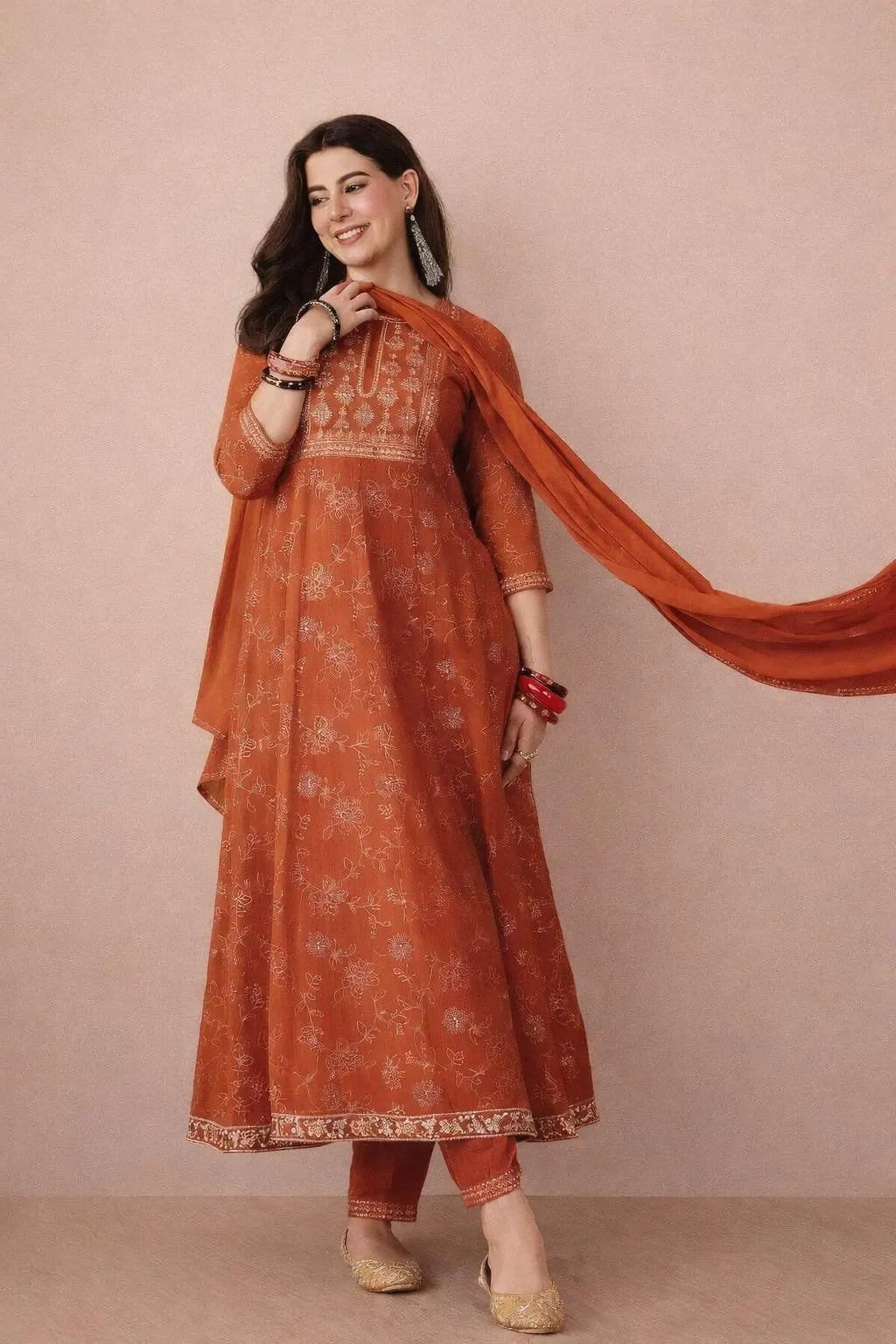 Rust Orange Kurta Set for Women with Dupatta – Festive Ethnic Wear