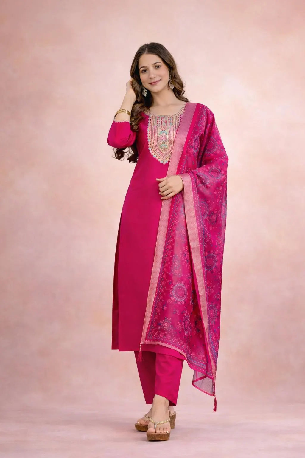 Hot Pink Embroidered Kurta Set with Printed Dupatta – Wedding & Festive Wear