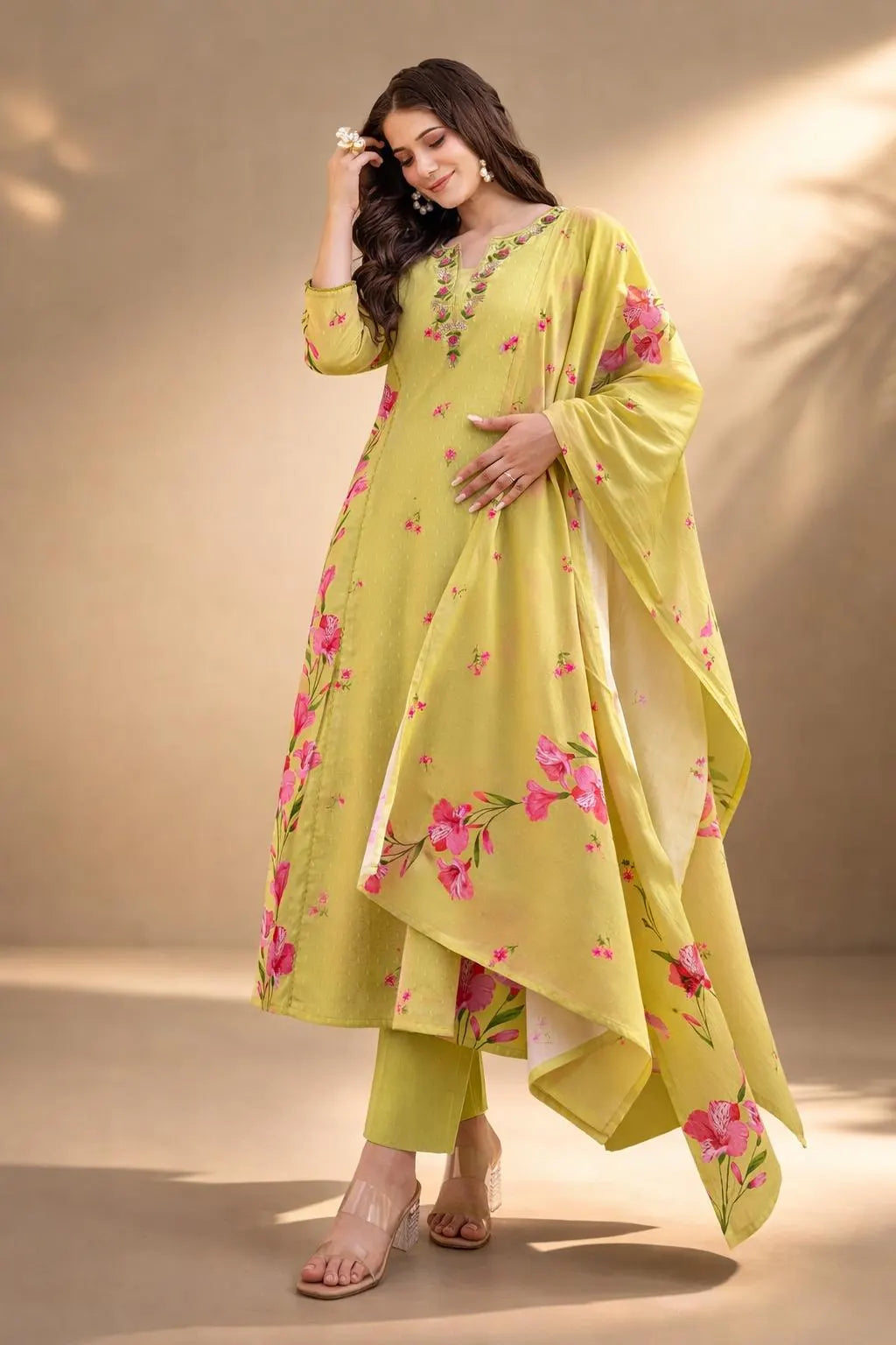 Lemon Yellow Floral Kurta Set with Dupatta – Casual & Festive Wear