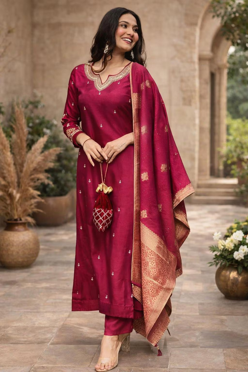 Maroon Silk Kurta Set with Banarasi Dupatta – Wedding & Festive Wear