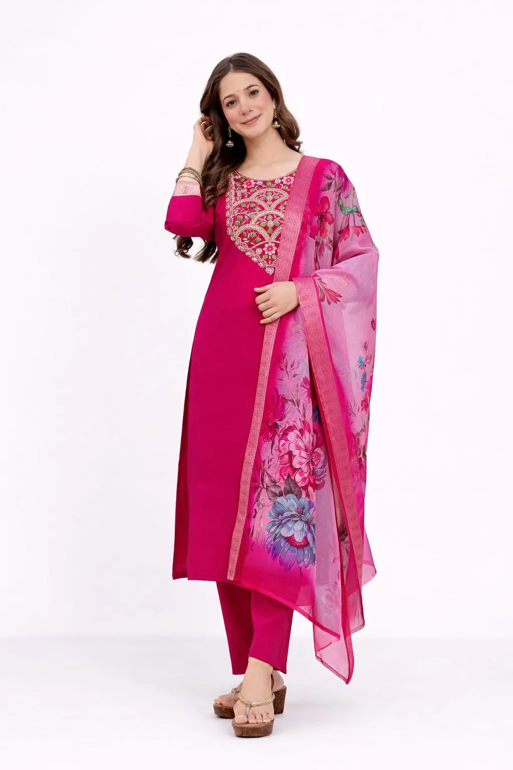 Magenta Kurta Set with Floral Dupatta – Festive Salwar Suit for Women