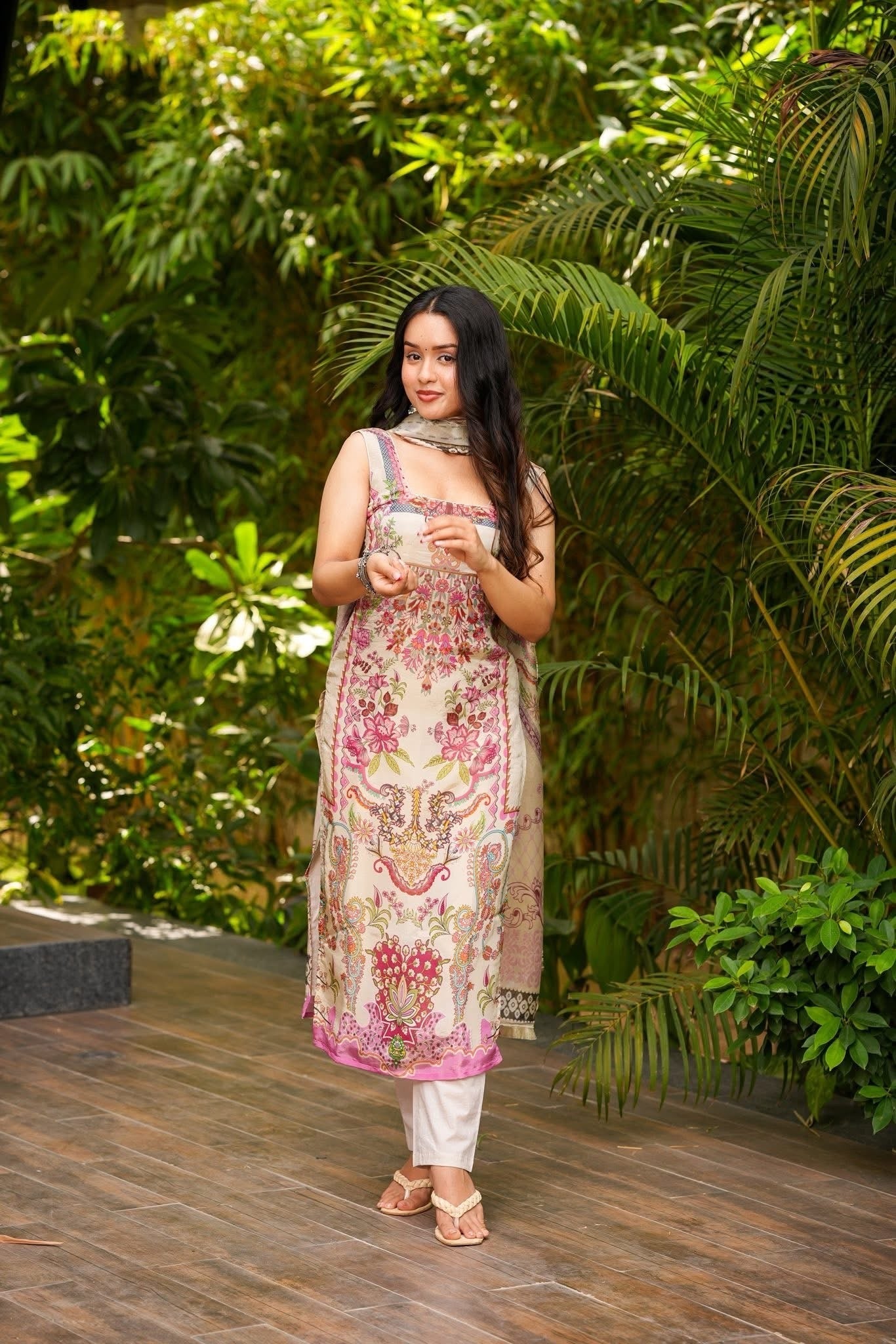 Ivory Kurta Set with Floral Dupatta – Elegant Festive Wear for Women