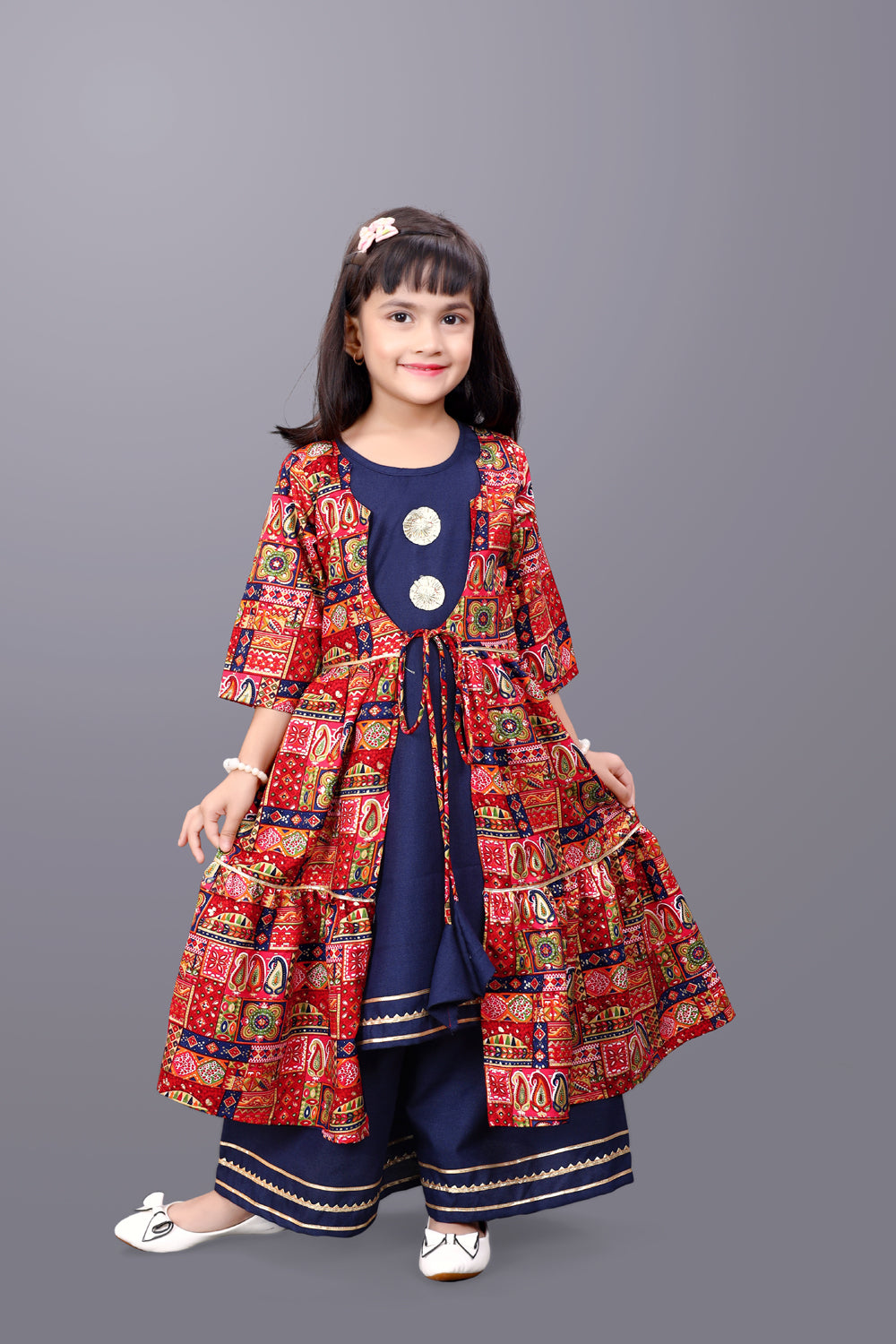 Girls Casual Ethnic Jacket, Kurta and Palazzo Set