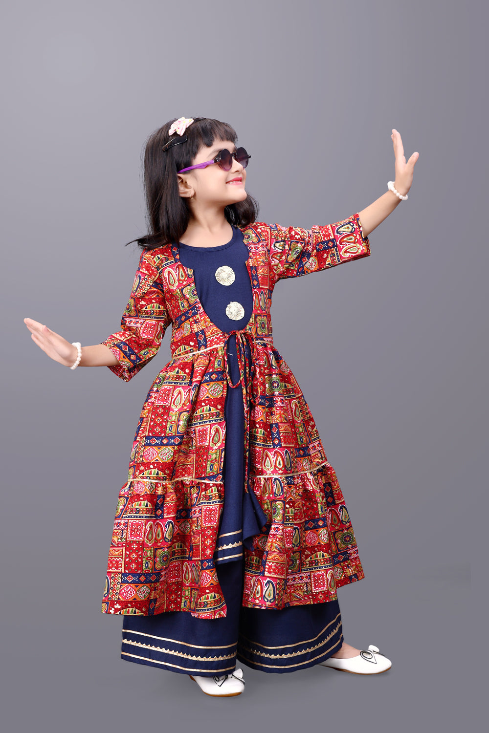 Girls Casual Ethnic Jacket, Kurta and Palazzo Set