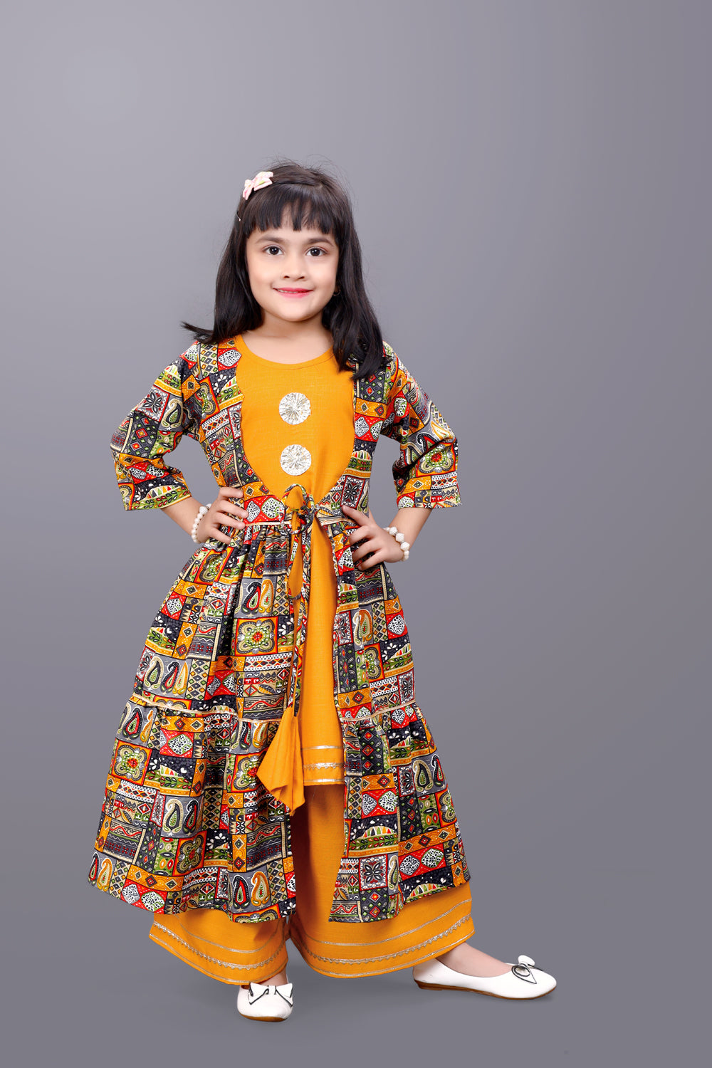 Girls Casual Ethnic Jacket, Kurta and Palazzo Set