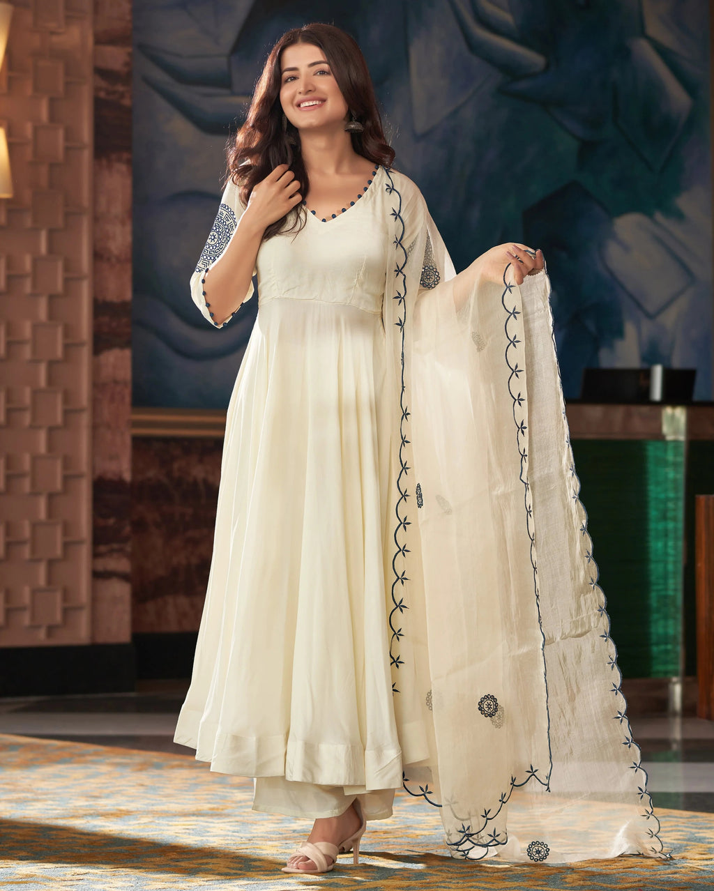 Ivory Anarkali Suit Set with Dupatta – Wedding Guest & Festive Outfit