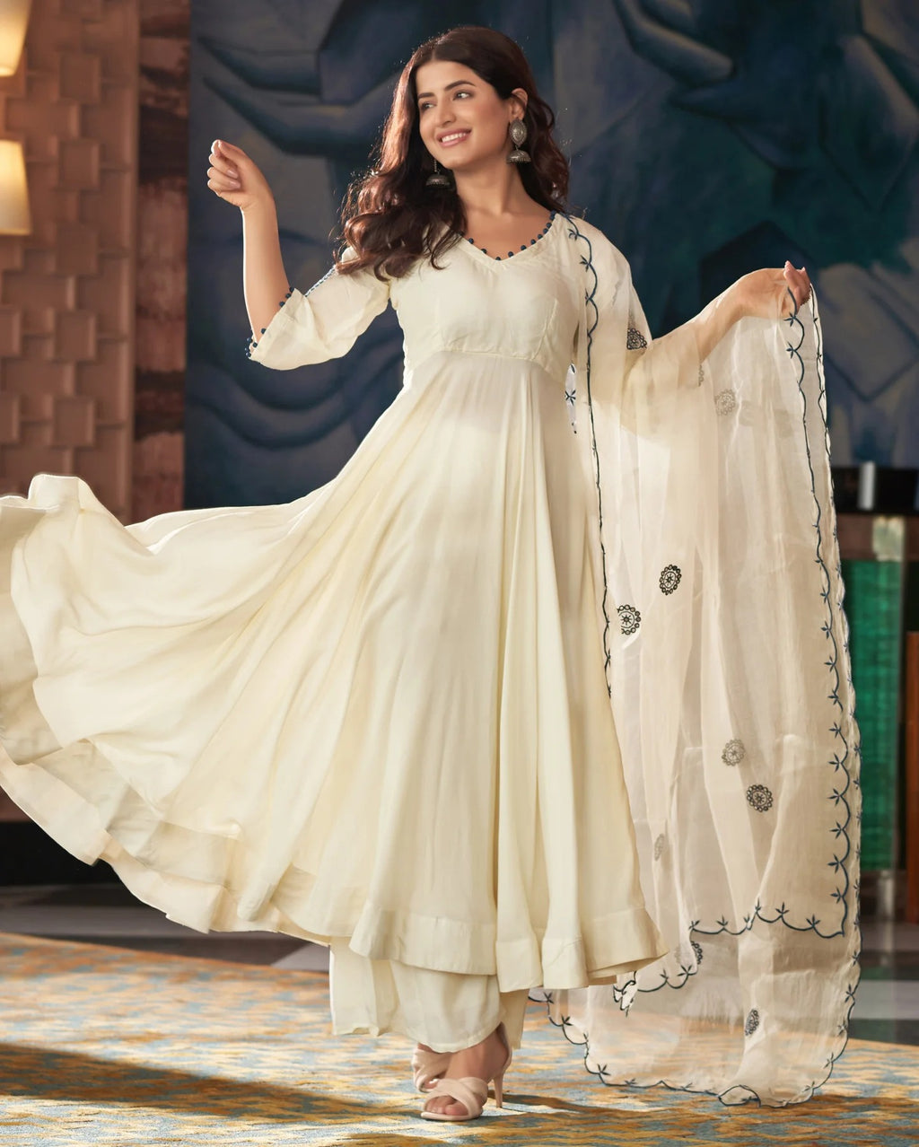 Ivory Anarkali Suit Set with Dupatta – Wedding Guest & Festive Outfit
