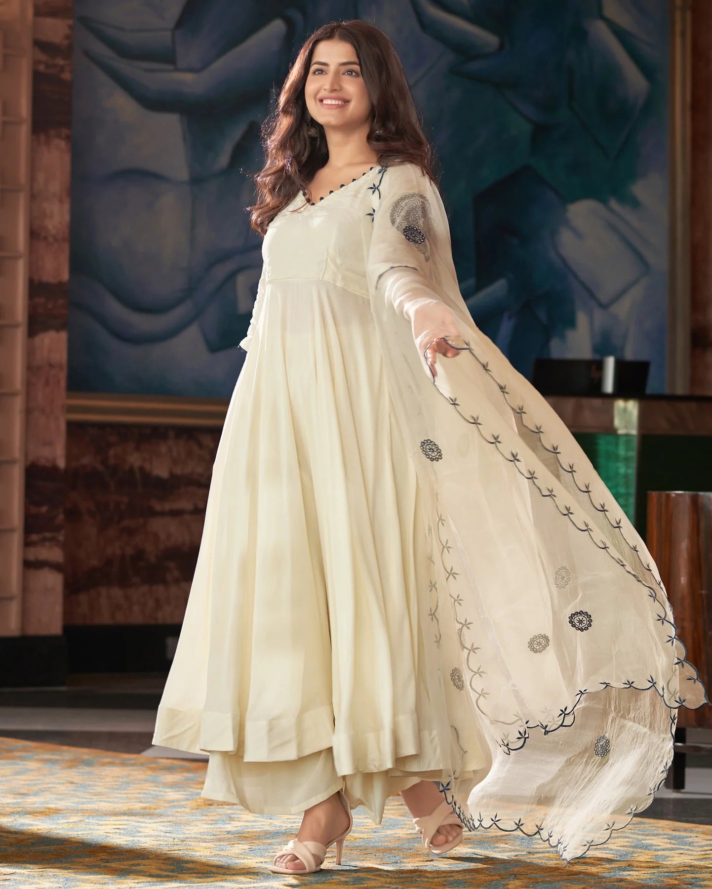 Ivory Anarkali Suit Set with Dupatta – Wedding Guest & Festive Outfit