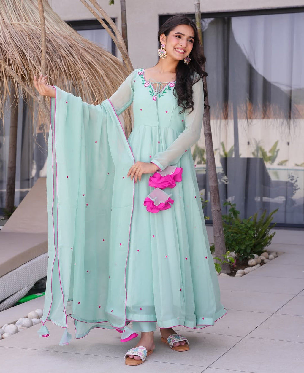Mint Green Embroidered Georgette Anarkali Suit – Party & Festive Wear