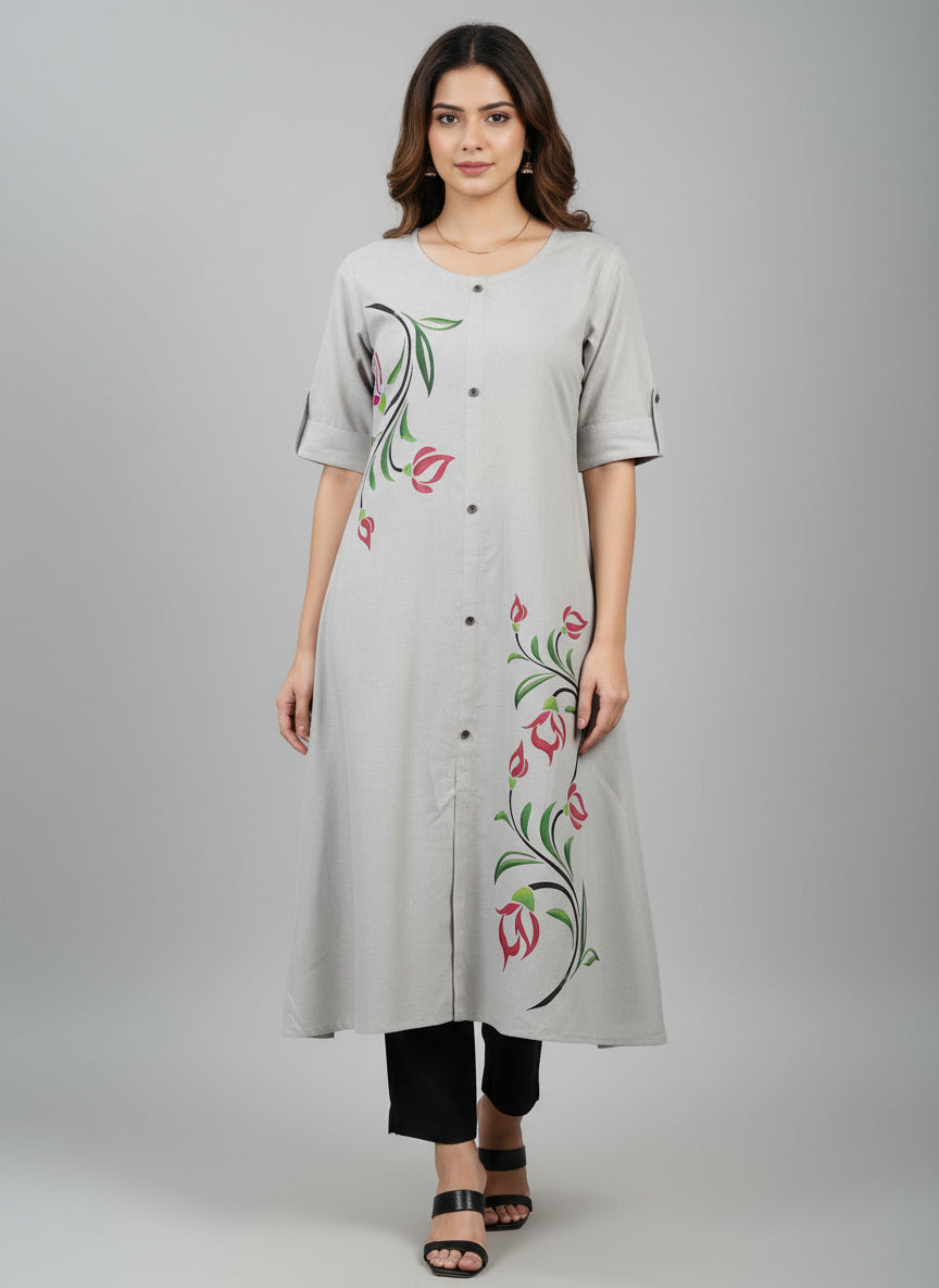 Women’s A-Line Kurti Tunic | Floral Print Ethnic Top with Front Button Design