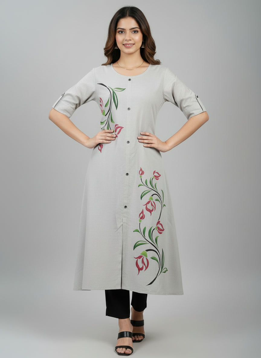 Women’s A-Line Kurti Tunic | Floral Print Ethnic Top with Front Button Design