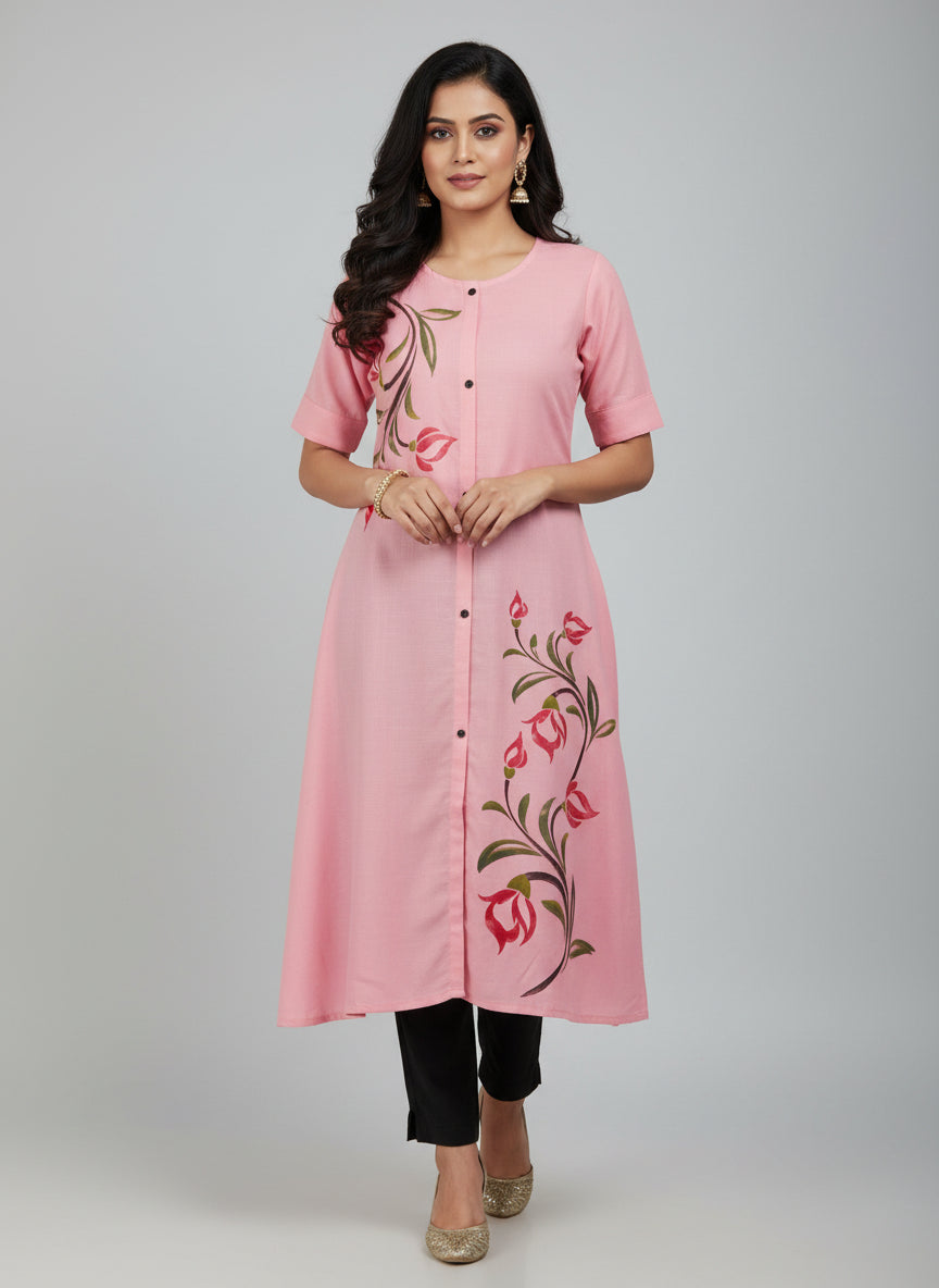Women’s A-Line Kurti Tunic | Floral Print Ethnic Top with Front Button Design