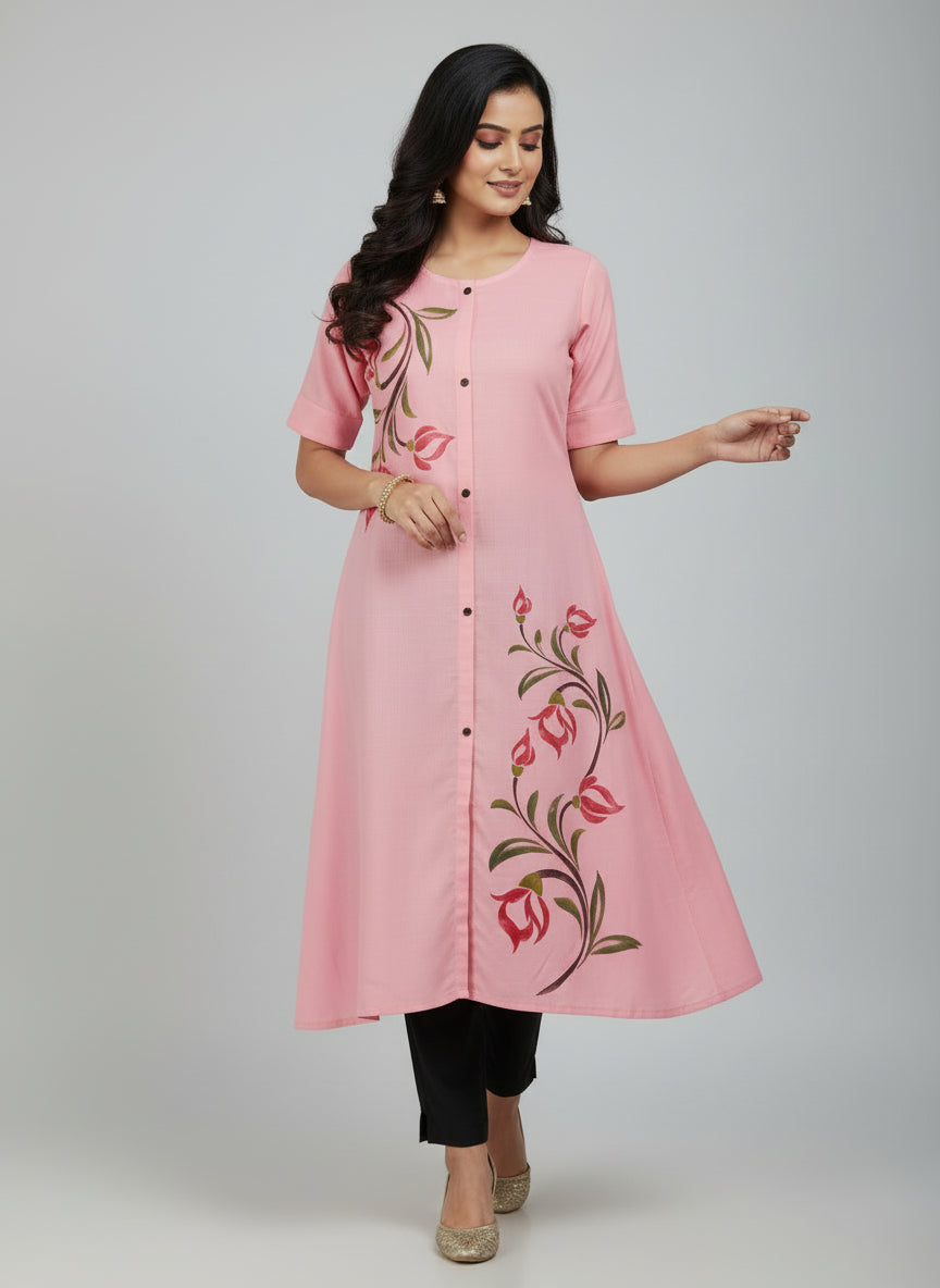 Women’s A-Line Kurti Tunic | Floral Print Ethnic Top with Front Button Design