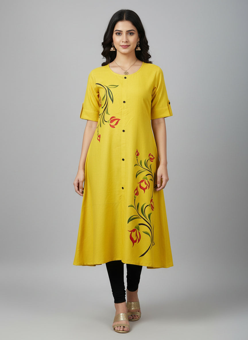 Women’s A-Line Kurti Tunic | Floral Print Ethnic Top with Front Button Design