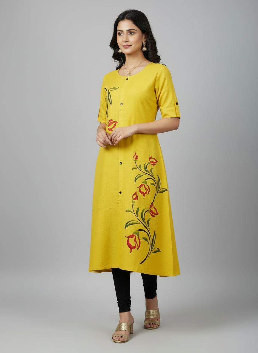 Women’s A-Line Kurti Tunic | Floral Print Ethnic Top with Front Button Design