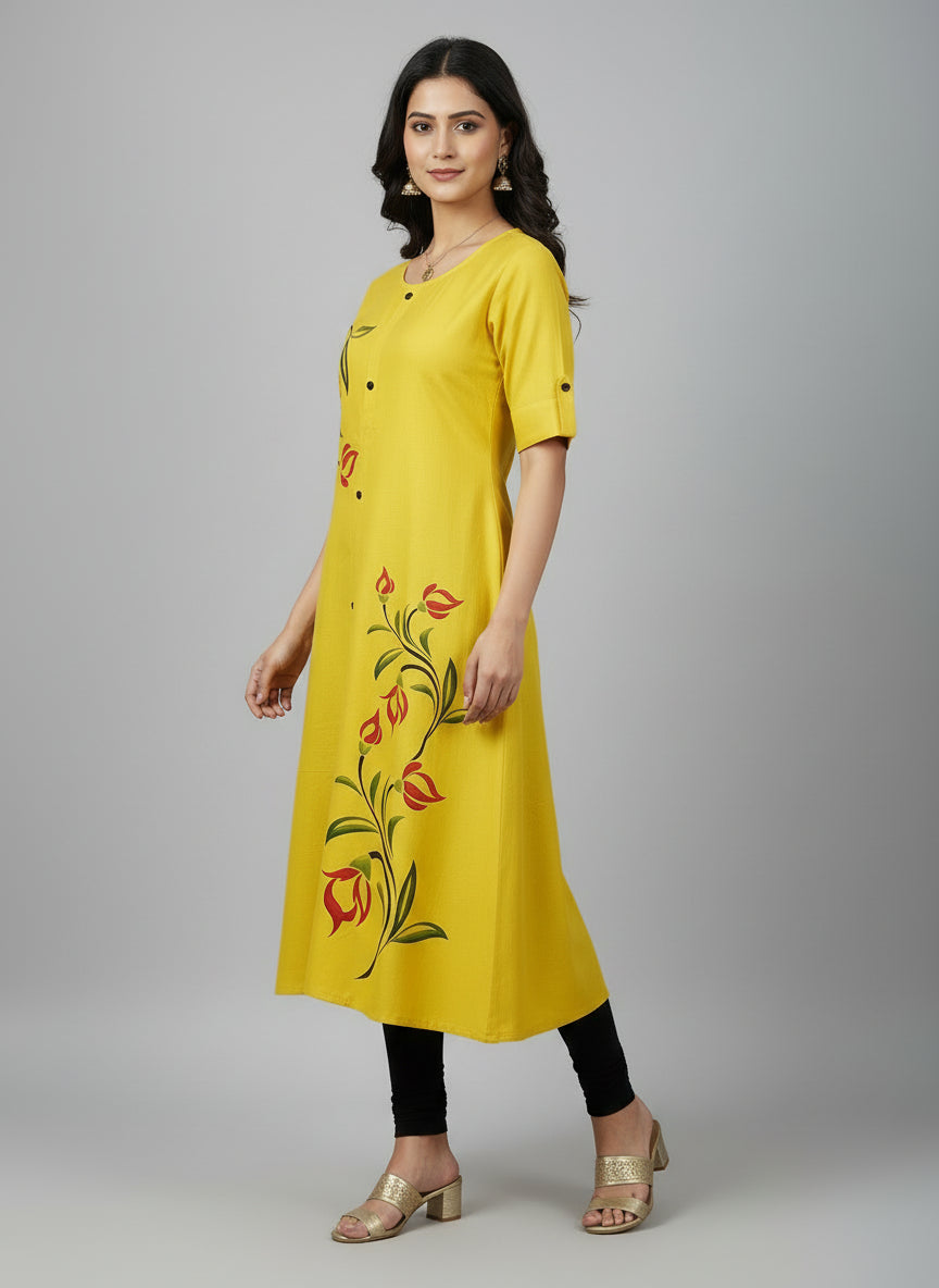 Women’s A-Line Kurti Tunic | Floral Print Ethnic Top with Front Button Design