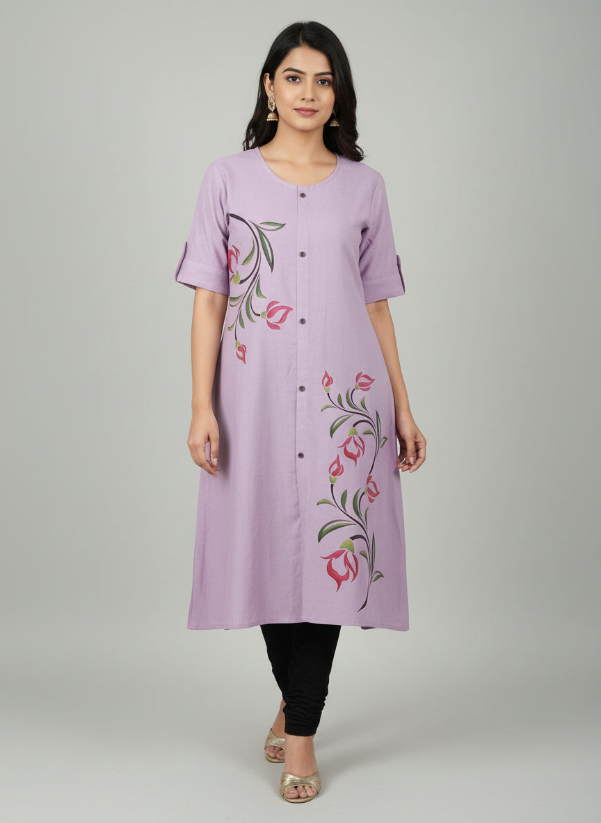 Women’s A-Line Kurti Tunic | Floral Print Ethnic Top with Front Button Design