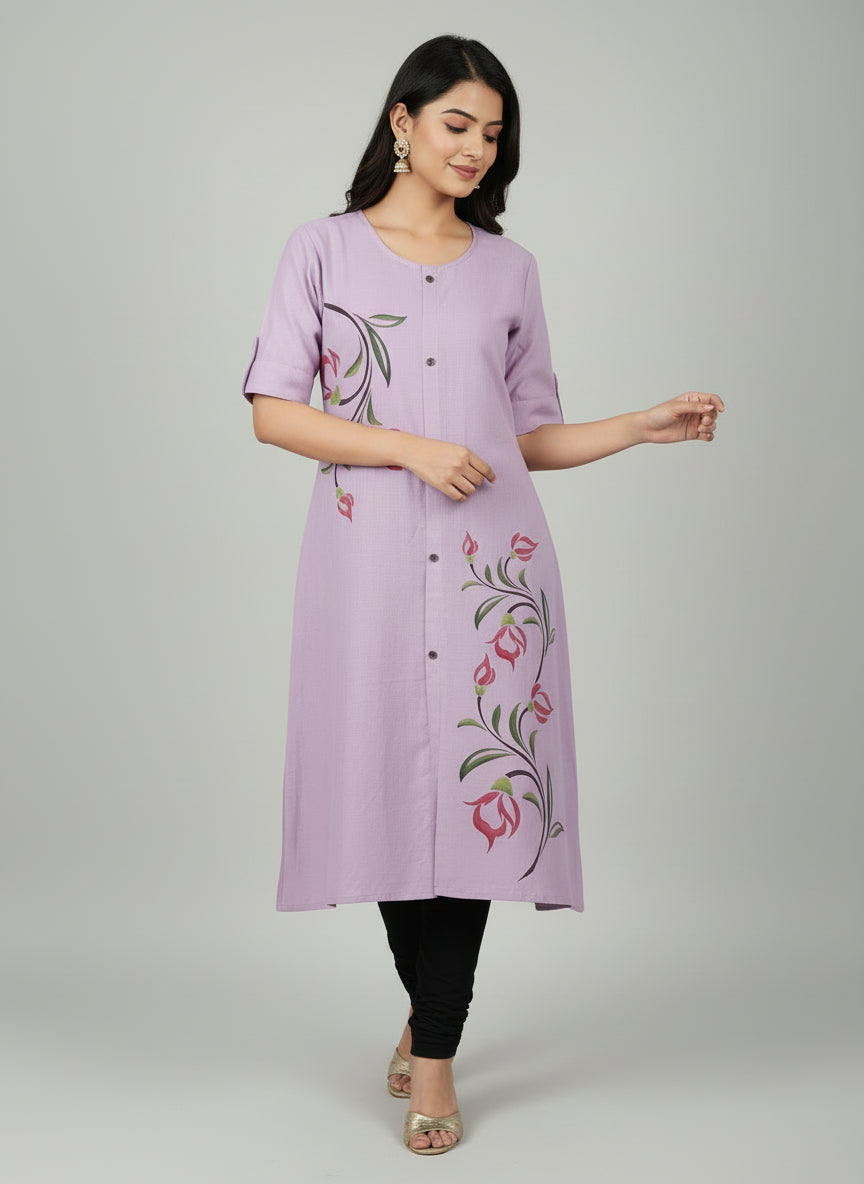 Women’s A-Line Kurti Tunic | Floral Print Ethnic Top with Front Button Design