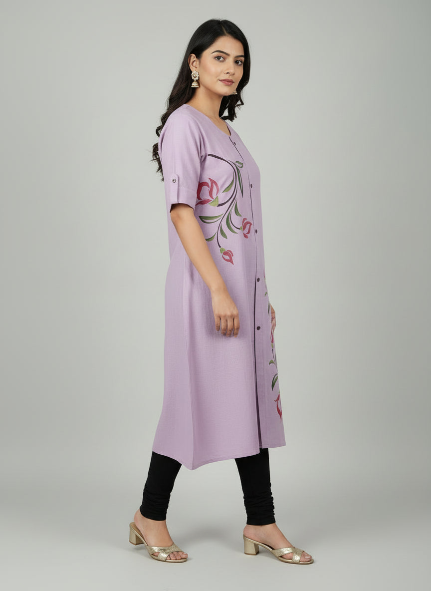 Women’s A-Line Kurti Tunic | Floral Print Ethnic Top with Front Button Design