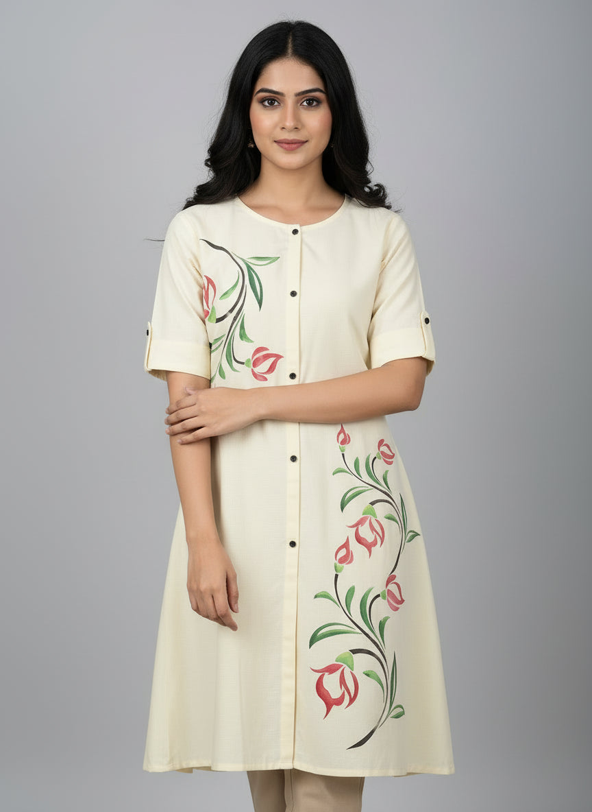 Women’s A-Line Kurti Tunic | Floral Print Ethnic Top with Front Button Design