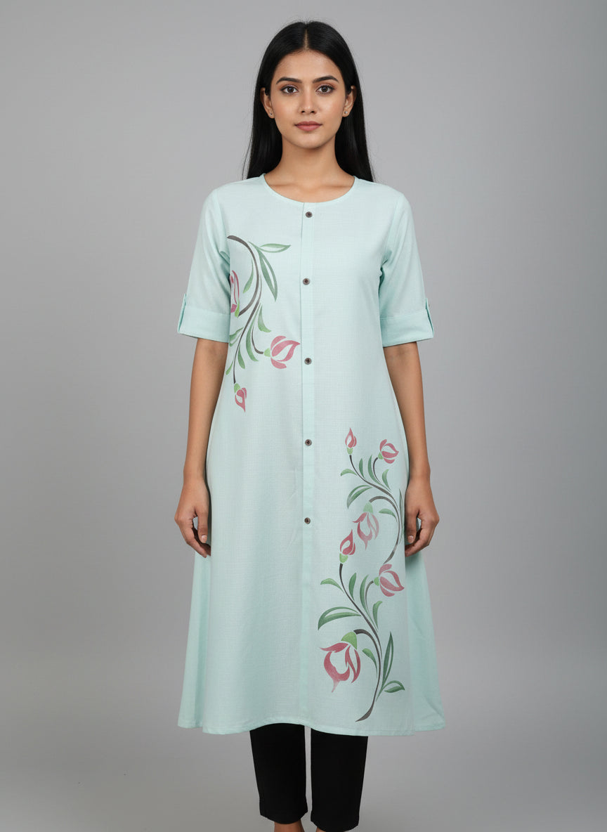 Women’s A-Line Kurti Tunic | Floral Print Ethnic Top with Front Button Design