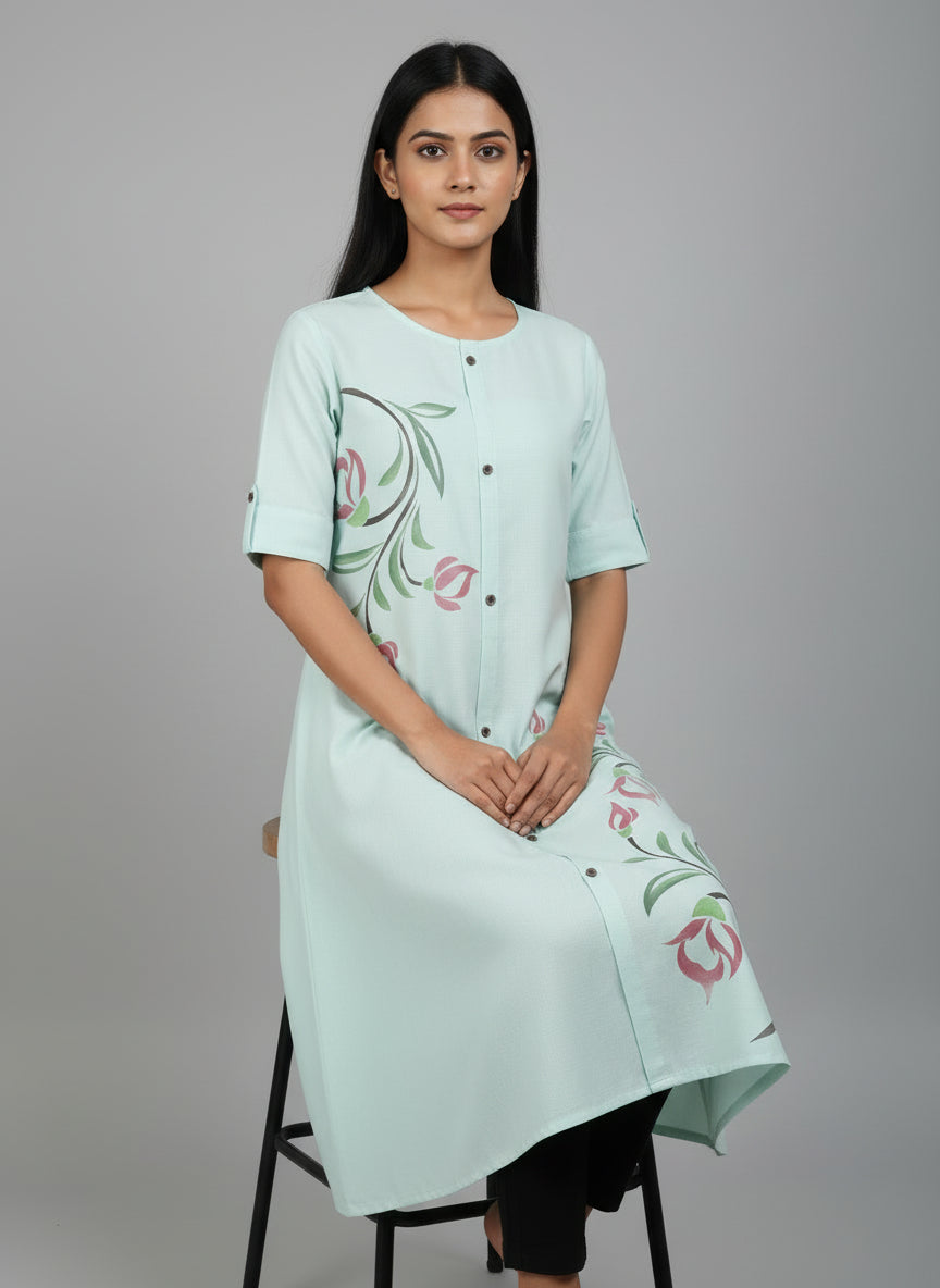 Women’s A-Line Kurti Tunic | Floral Print Ethnic Top with Front Button Design