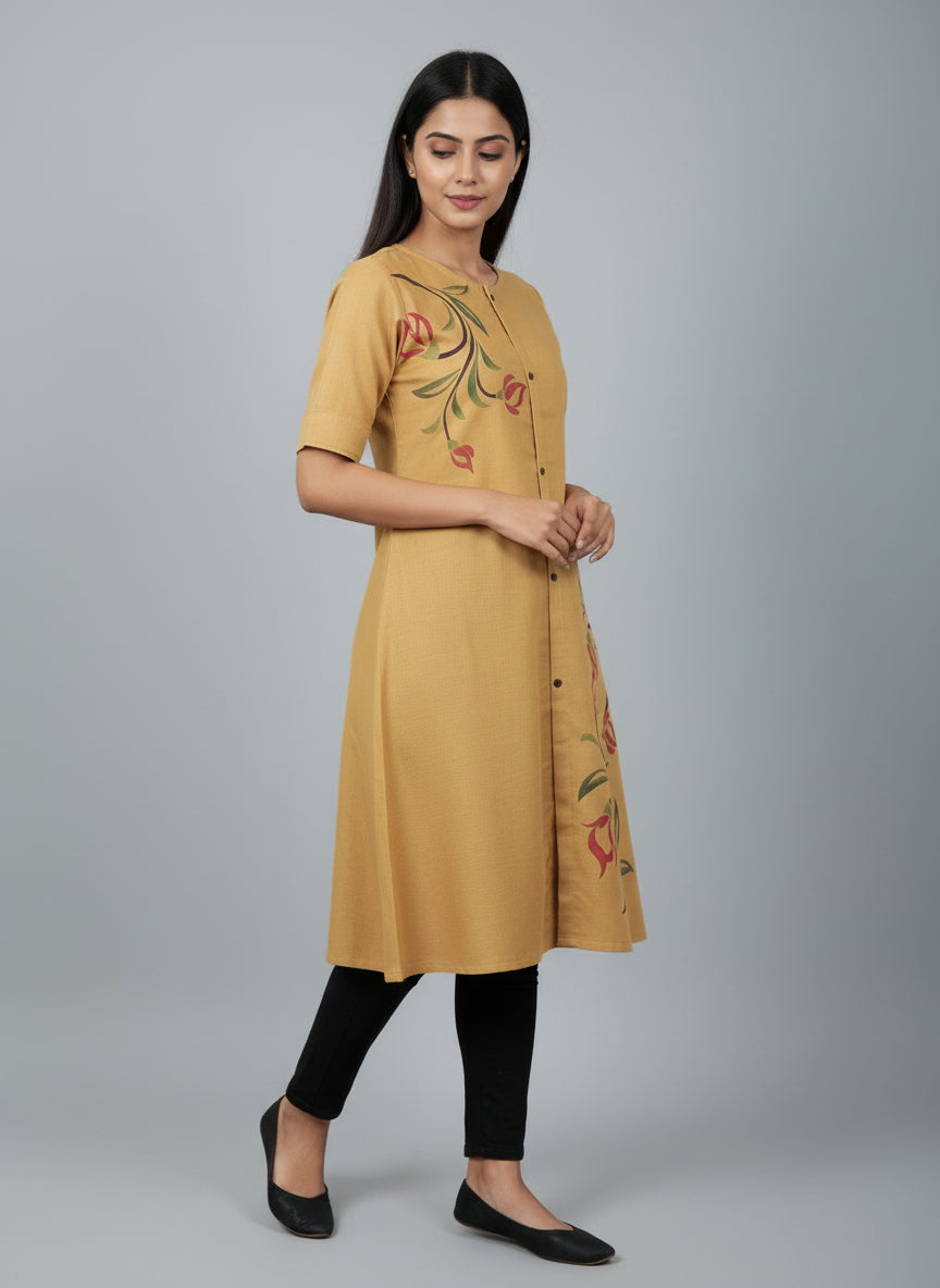 Women’s A-Line Kurti Tunic | Floral Print Ethnic Top with Front Button Design