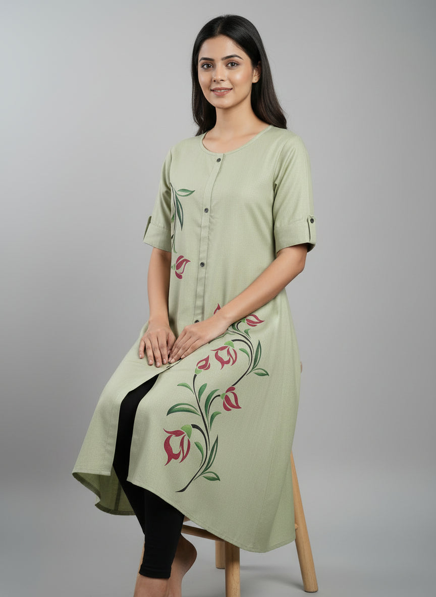 Women’s A-Line Kurti Tunic | Floral Print Ethnic Top with Front Button Design